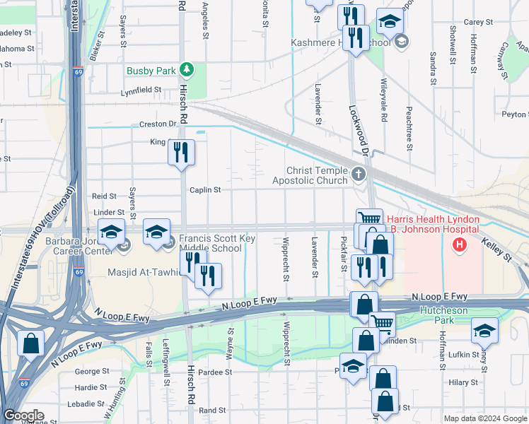 map of restaurants, bars, coffee shops, grocery stores, and more near 4705 Kelley Street in Houston