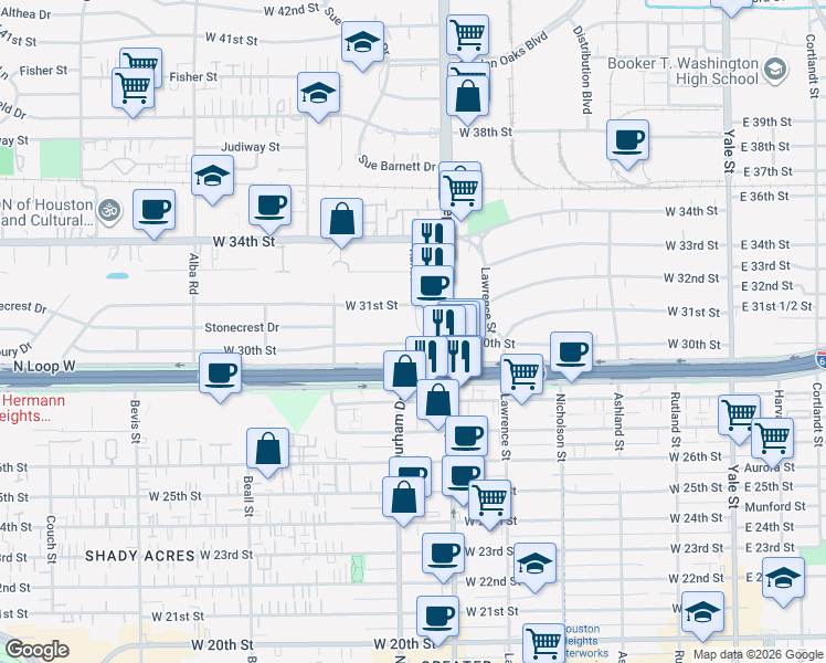 map of restaurants, bars, coffee shops, grocery stores, and more near 722 West 30th Street in Houston