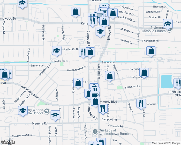 map of restaurants, bars, coffee shops, grocery stores, and more near 2302 Campbell Road in Houston