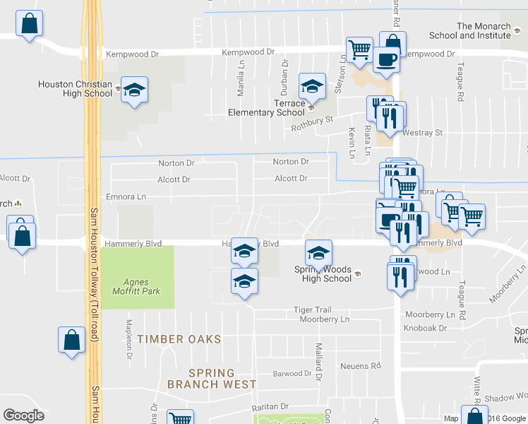 map of restaurants, bars, coffee shops, grocery stores, and more near 2266 Shadowdale Drive in Houston