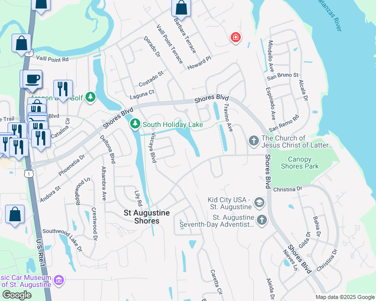 map of restaurants, bars, coffee shops, grocery stores, and more near 839 Ana Court in St. Augustine