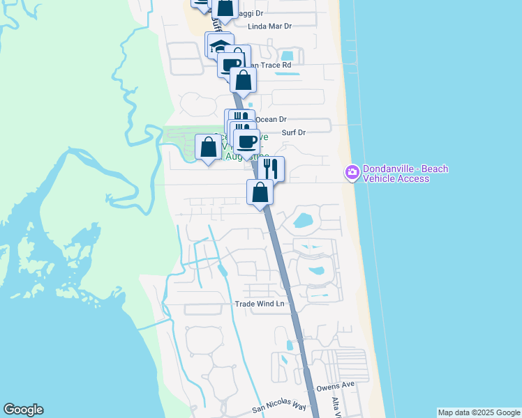 map of restaurants, bars, coffee shops, grocery stores, and more near 102 Rio Del Mar Street in St. Augustine