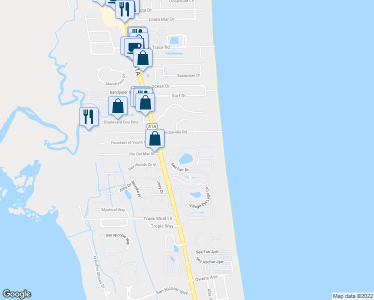 map of restaurants, bars, coffee shops, grocery stores, and more near 1734 Sea Fair Drive in St. Augustine