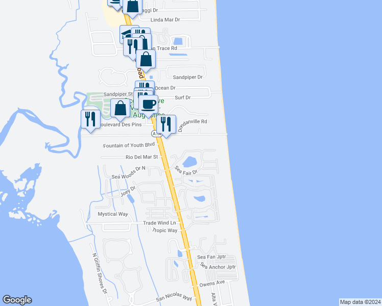 map of restaurants, bars, coffee shops, grocery stores, and more near 1733 Sea Fair Drive in Saint Augustine