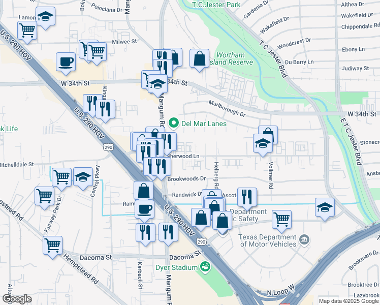 map of restaurants, bars, coffee shops, grocery stores, and more near 4506 Sherwood Lane in Houston