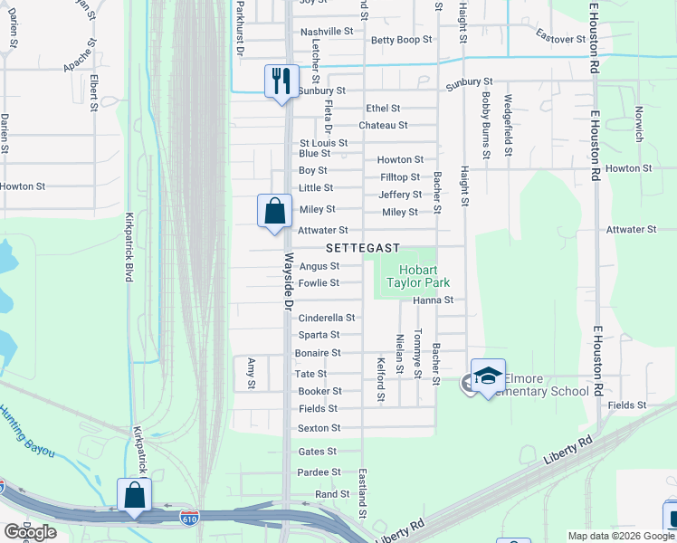 map of restaurants, bars, coffee shops, grocery stores, and more near 7985 Fowlie Street in Houston
