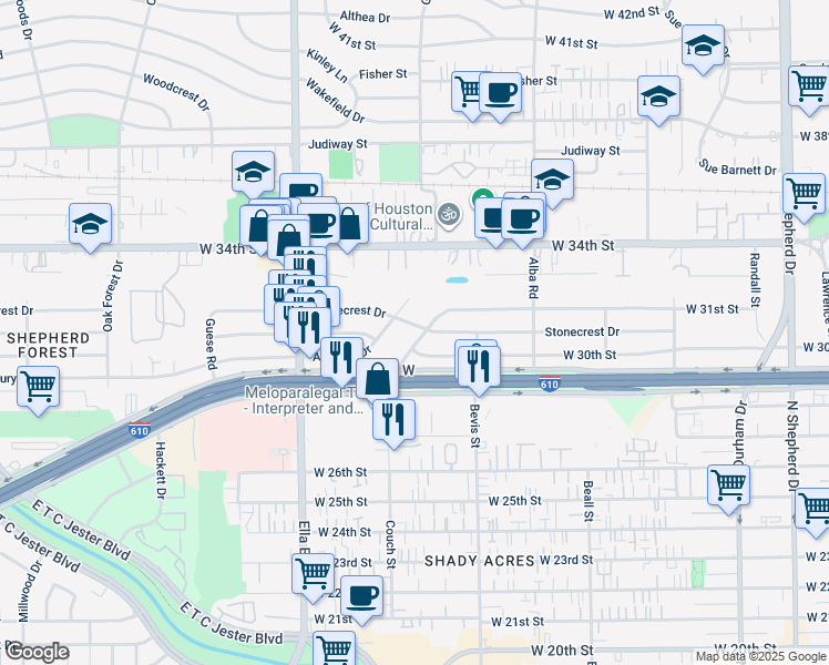 map of restaurants, bars, coffee shops, grocery stores, and more near 1302 W 31st St in Houston