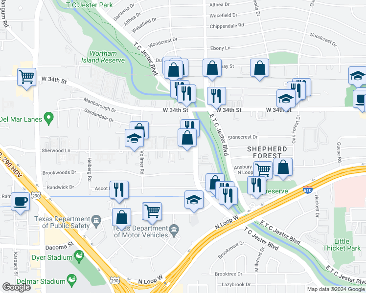 map of restaurants, bars, coffee shops, grocery stores, and more near 3715 Sherwood Lane in Houston