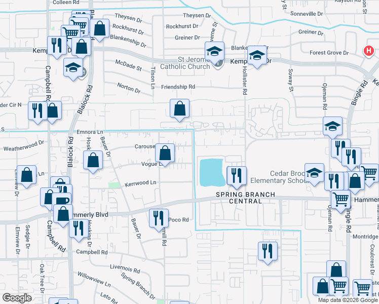map of restaurants, bars, coffee shops, grocery stores, and more near in Houston