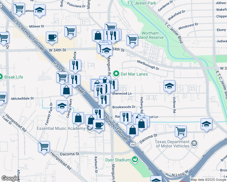 map of restaurants, bars, coffee shops, grocery stores, and more near 4617 Sherwood Lane in Houston