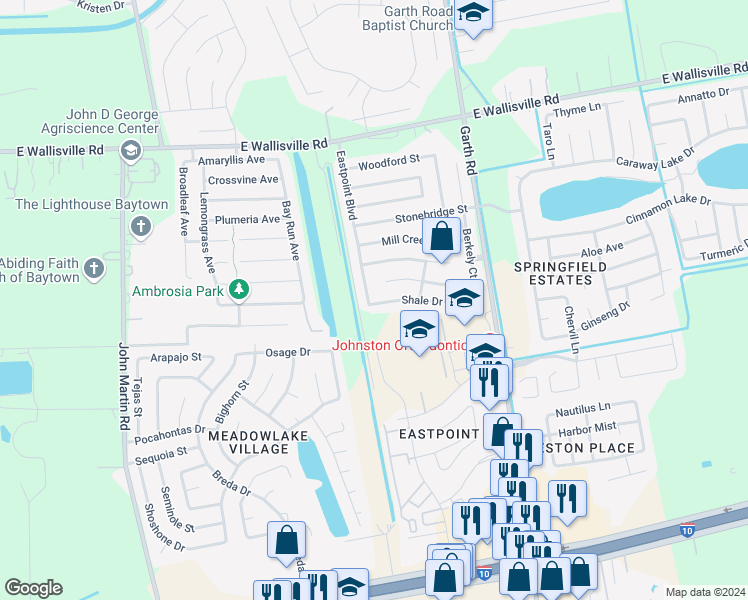 map of restaurants, bars, coffee shops, grocery stores, and more near 7906 Eastpoint Boulevard in Baytown