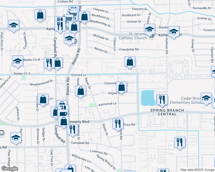 map of restaurants, bars, coffee shops, grocery stores, and more near 9224 Vogue Lane in Houston
