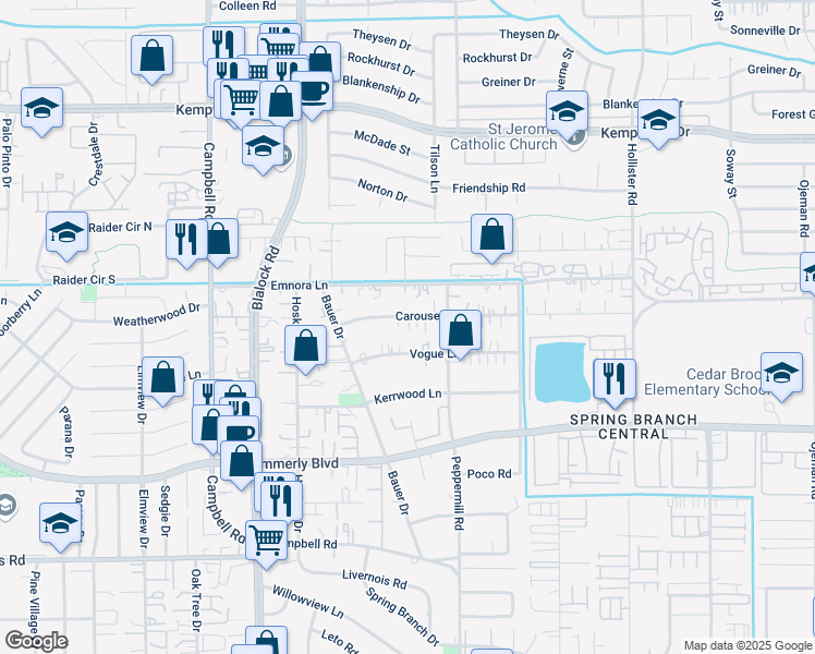 map of restaurants, bars, coffee shops, grocery stores, and more near 9224 Vogue Lane in Houston