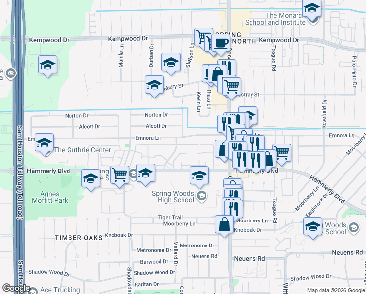 map of restaurants, bars, coffee shops, grocery stores, and more near 2218 Triway Lane in Houston