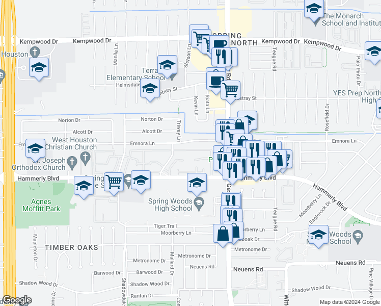 map of restaurants, bars, coffee shops, grocery stores, and more near 2332 Triway Lane in Houston