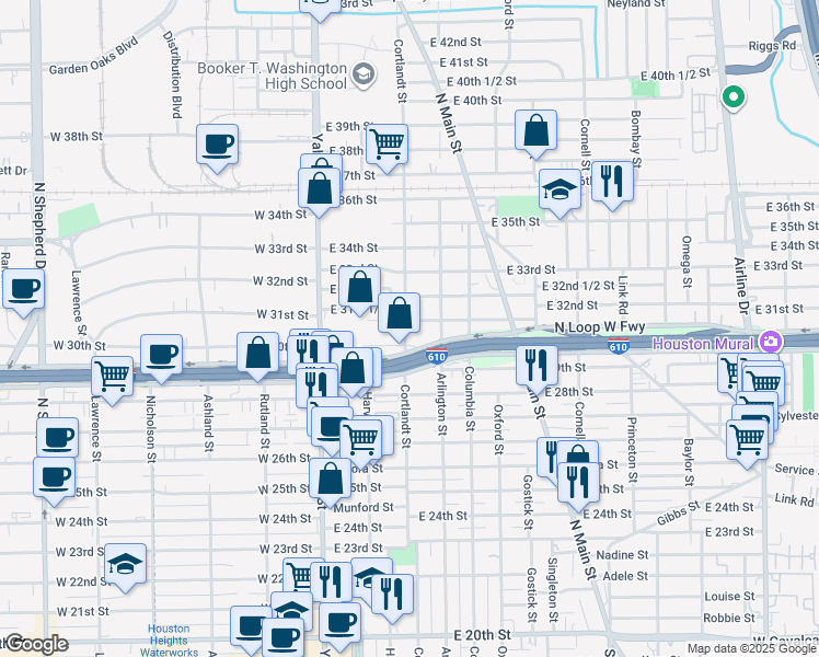 map of restaurants, bars, coffee shops, grocery stores, and more near 307 North Loop in Houston