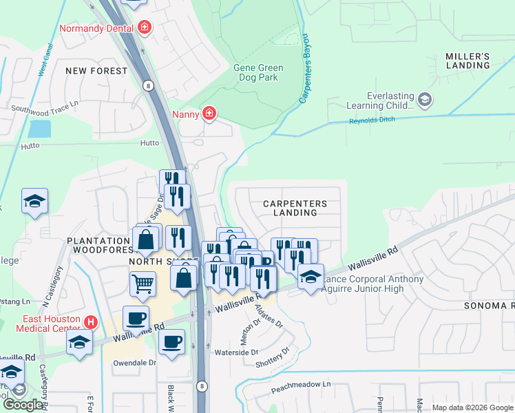 map of restaurants, bars, coffee shops, grocery stores, and more near 15607 Mountain Mist Trail in Houston
