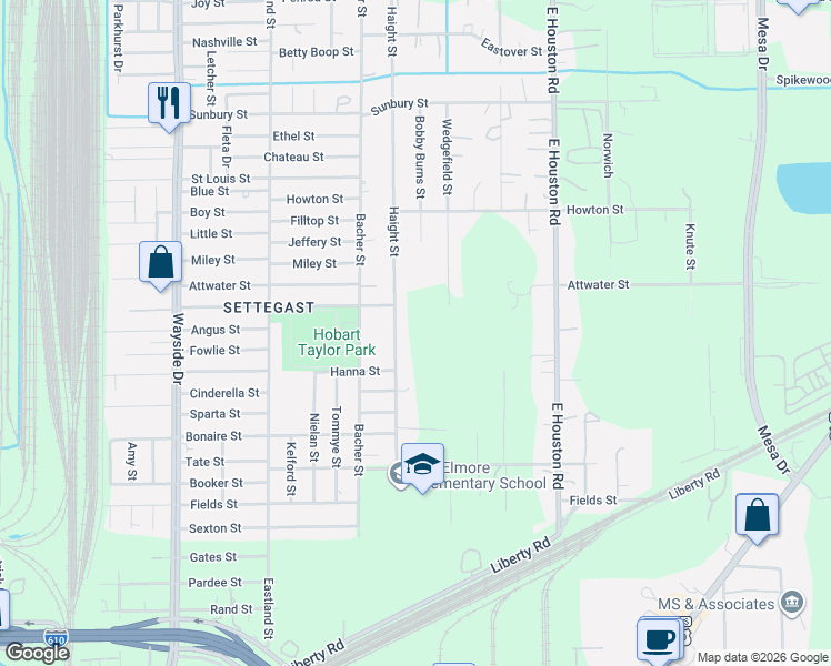 map of restaurants, bars, coffee shops, grocery stores, and more near 5715 Bobby Burns Street in Houston