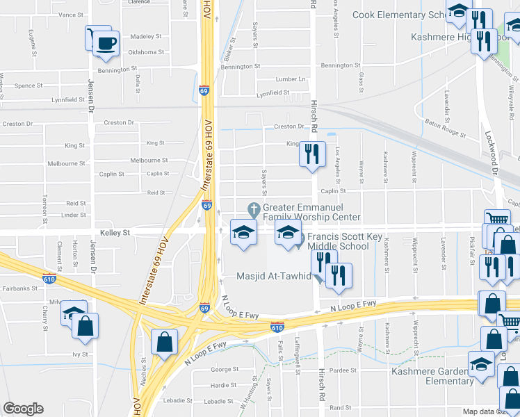 map of restaurants, bars, coffee shops, grocery stores, and more near 3926 Linder Street in Houston