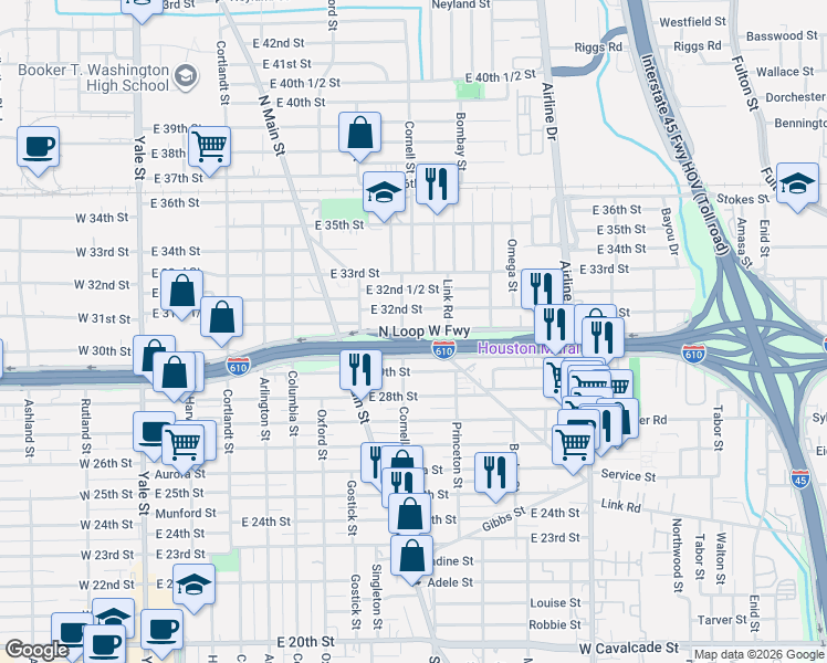 map of restaurants, bars, coffee shops, grocery stores, and more near 734 North Loop in Houston