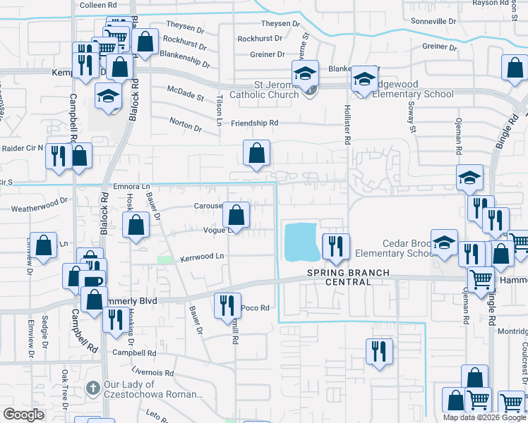 map of restaurants, bars, coffee shops, grocery stores, and more near in Houston