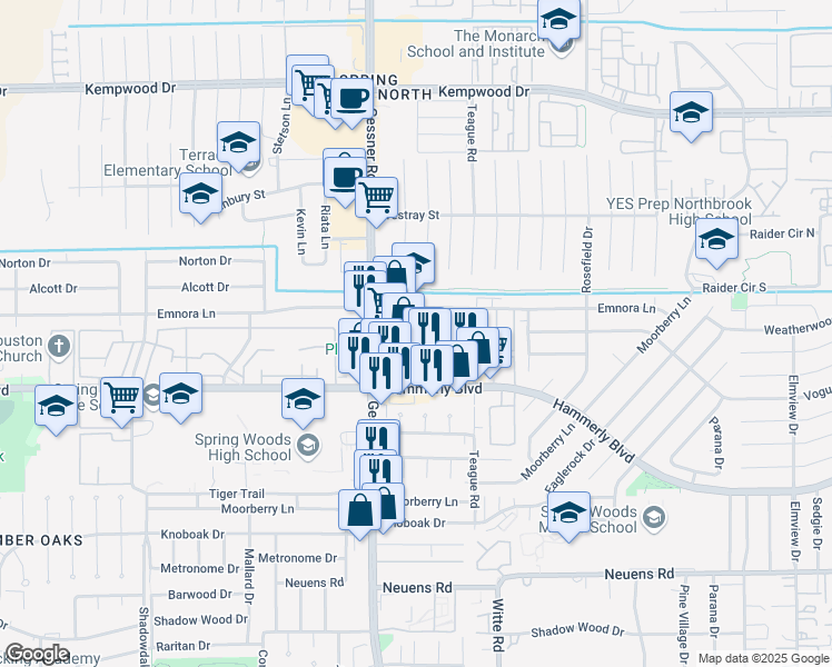 map of restaurants, bars, coffee shops, grocery stores, and more near 2402 Gessner Road in Houston
