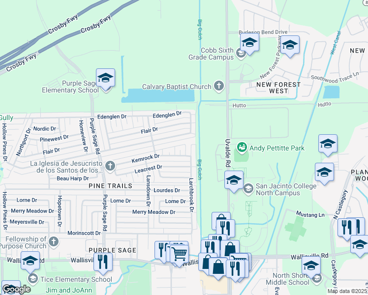map of restaurants, bars, coffee shops, grocery stores, and more near 6103 Kemrock Court in Houston