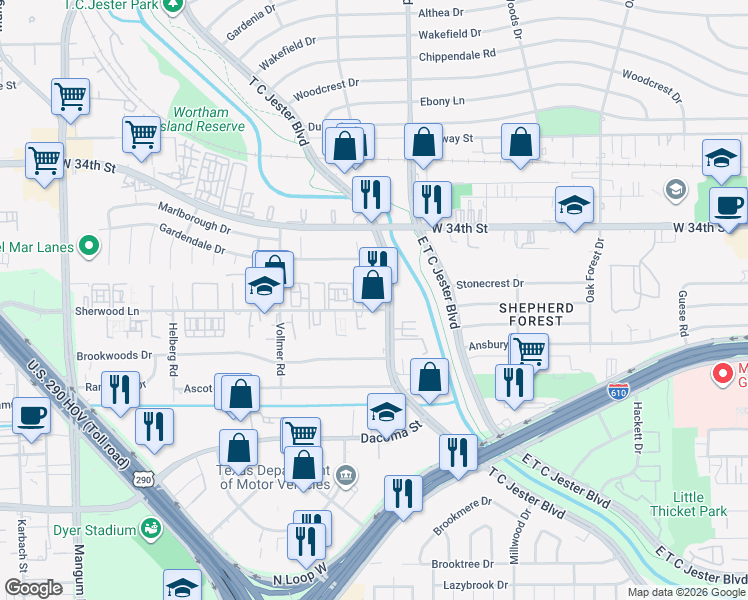 map of restaurants, bars, coffee shops, grocery stores, and more near 3715 Sherwood Lane in Houston