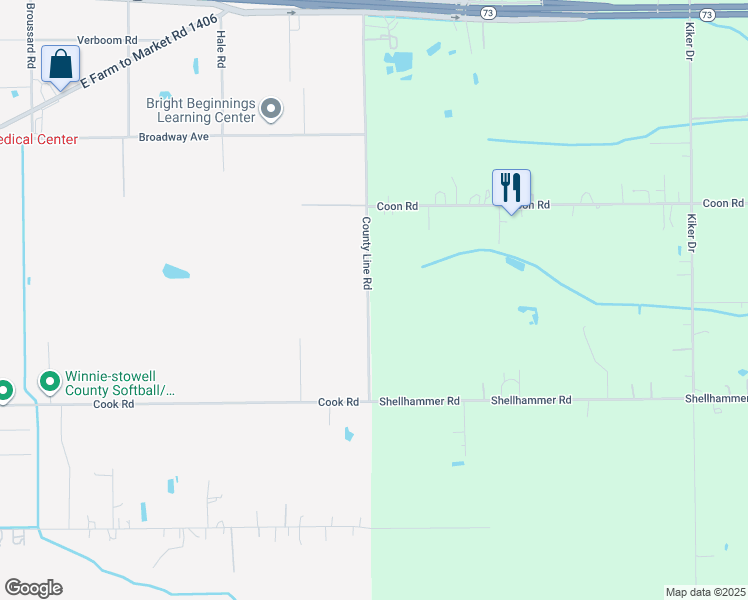map of restaurants, bars, coffee shops, grocery stores, and more near 19045 County Line Rd in Winnie