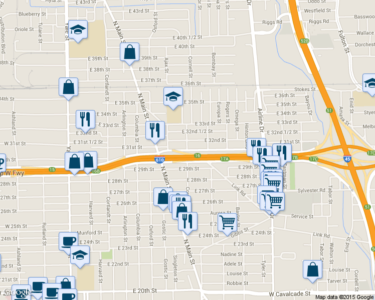 map of restaurants, bars, coffee shops, grocery stores, and more near 803 North Loop West Freeway in Houston