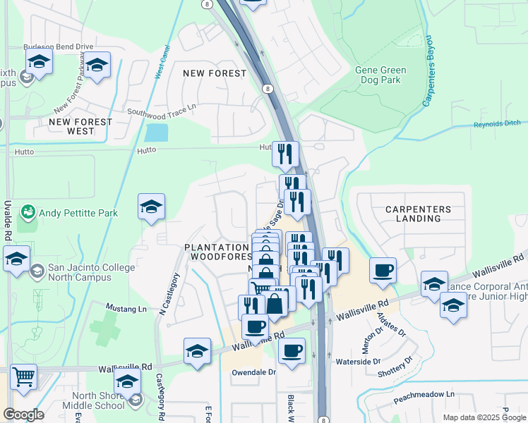 map of restaurants, bars, coffee shops, grocery stores, and more near 6301 Pale Sage Drive in Houston