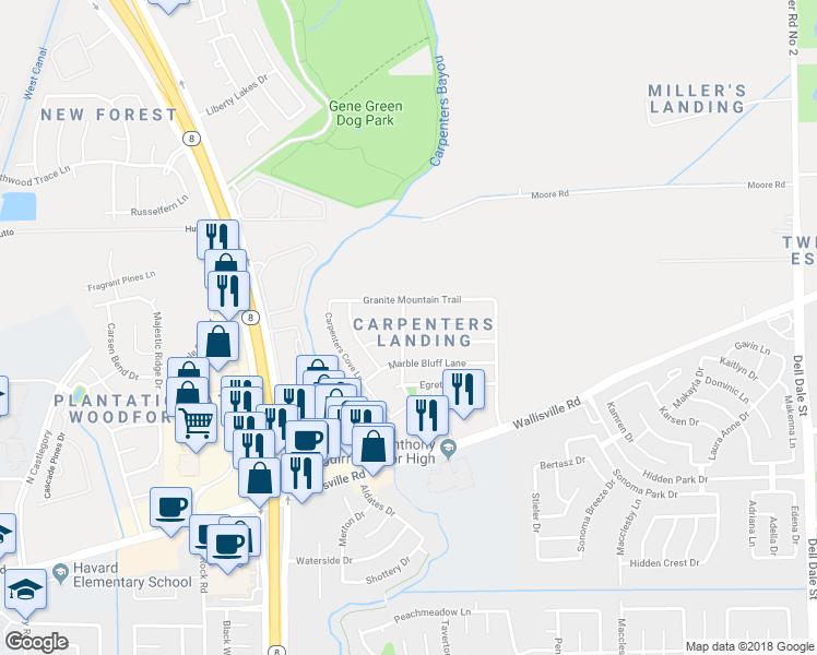 map of restaurants, bars, coffee shops, grocery stores, and more near 15702 Flagstone Walk Way in Houston