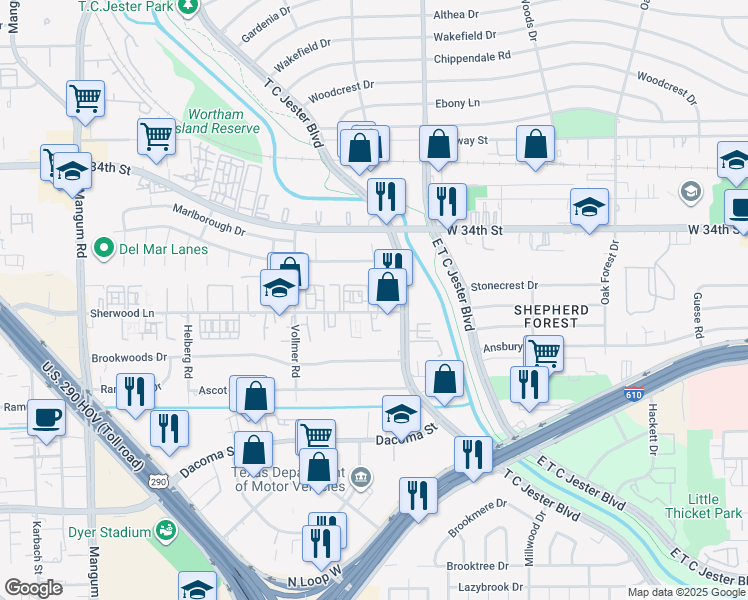 map of restaurants, bars, coffee shops, grocery stores, and more near 3715 Sherwood Lane in Houston