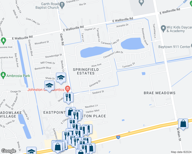 map of restaurants, bars, coffee shops, grocery stores, and more near 7819 Adonis Avenue in Baytown