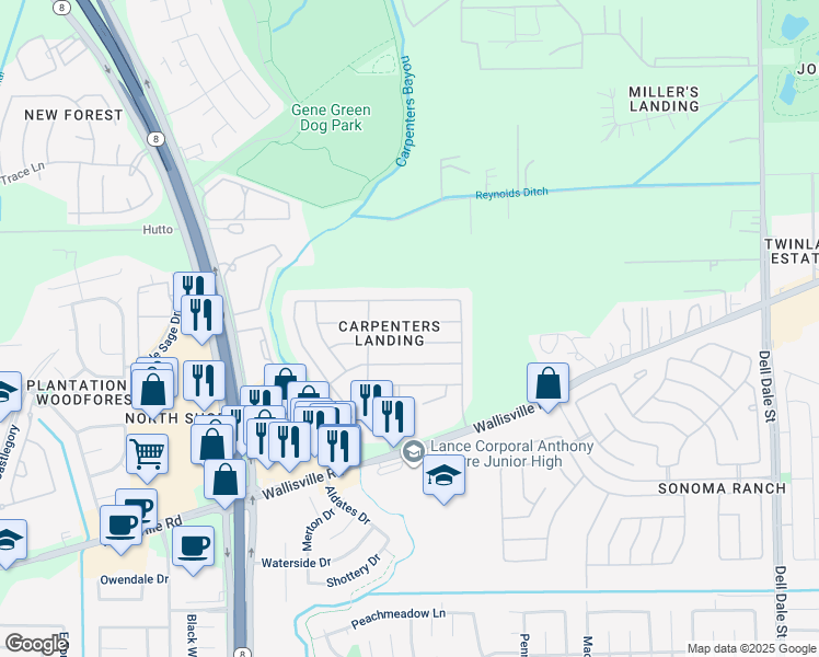 map of restaurants, bars, coffee shops, grocery stores, and more near 15742 Flagstone Walk Way in Houston