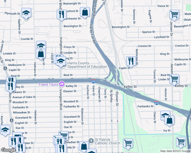 map of restaurants, bars, coffee shops, grocery stores, and more near 1413 North Loop East Freeway in Houston