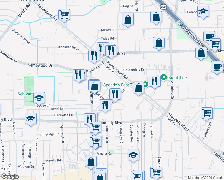 map of restaurants, bars, coffee shops, grocery stores, and more near 11527 Shoshone Road in Houston