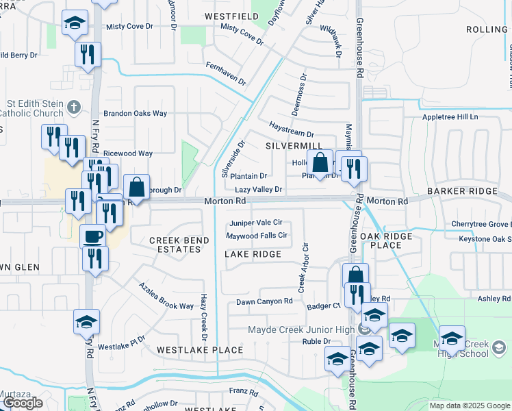 map of restaurants, bars, coffee shops, grocery stores, and more near 19507 Clevera Walk Lane in Houston