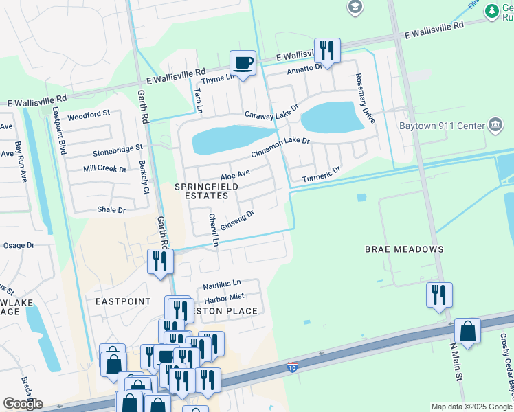 map of restaurants, bars, coffee shops, grocery stores, and more near 5403 Echinacea Circle in Baytown