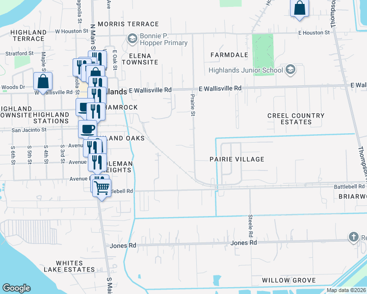 map of restaurants, bars, coffee shops, grocery stores, and more near 308 Prairie Street in Highlands