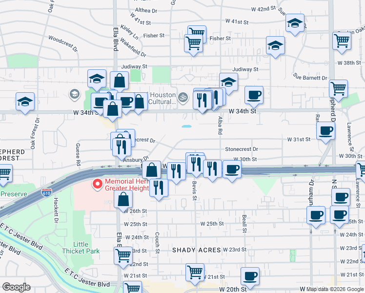 map of restaurants, bars, coffee shops, grocery stores, and more near 1226 West 30th Street in Houston