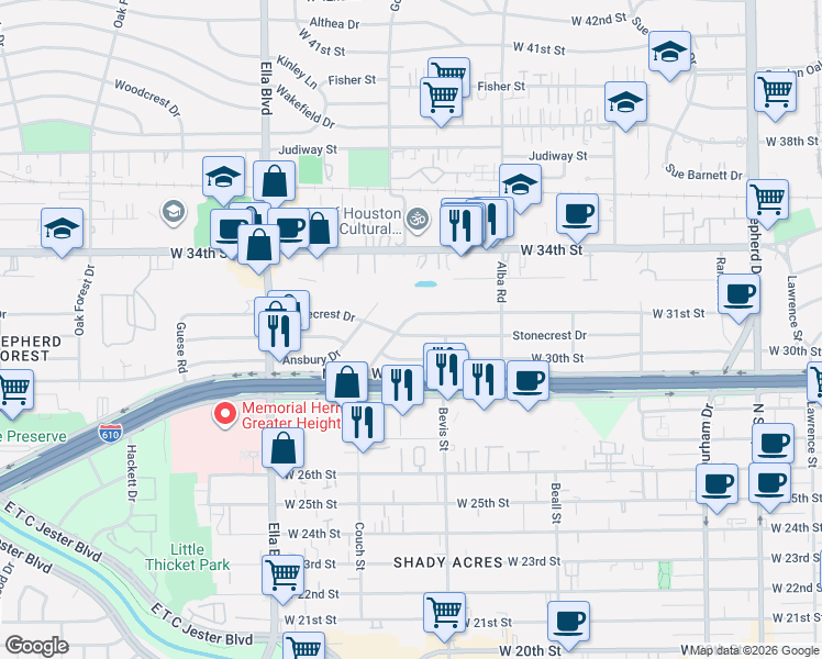 map of restaurants, bars, coffee shops, grocery stores, and more near 1226 West 30th Street in Houston