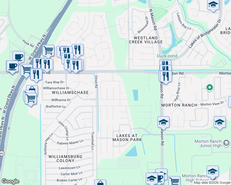 map of restaurants, bars, coffee shops, grocery stores, and more near 2706 Harte Court in Katy