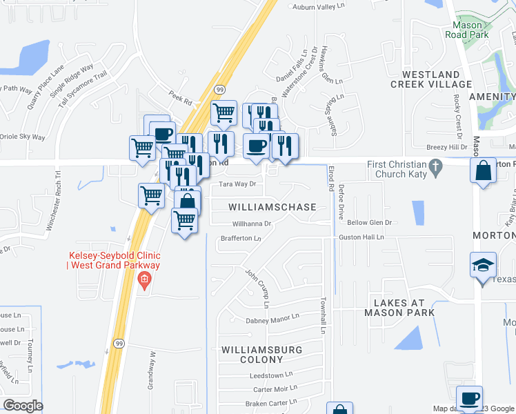 map of restaurants, bars, coffee shops, grocery stores, and more near 22712 Old Church Lane in Katy