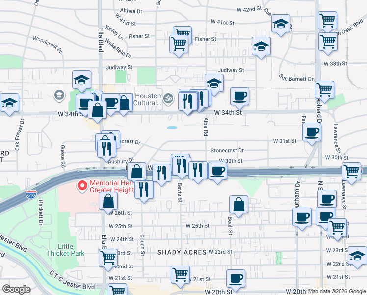 map of restaurants, bars, coffee shops, grocery stores, and more near 1138 Stonecrest Drive in Houston