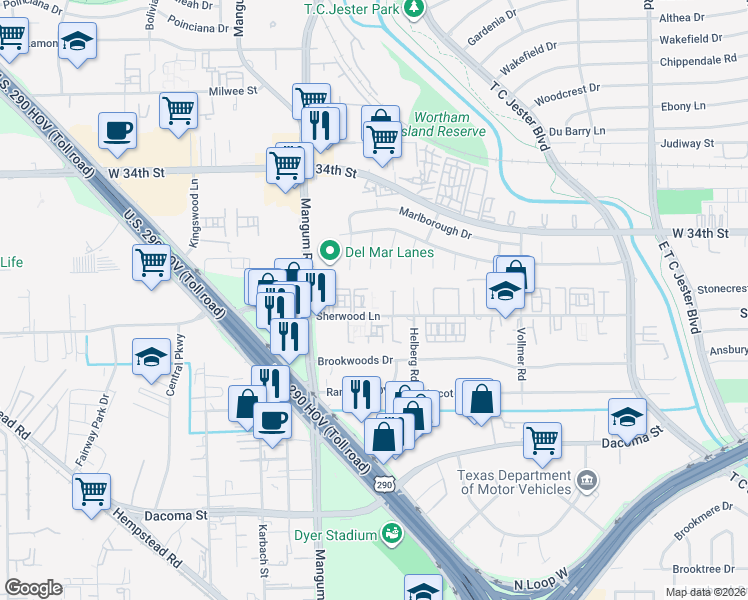 map of restaurants, bars, coffee shops, grocery stores, and more near 20 Sherwood Lane in Houston