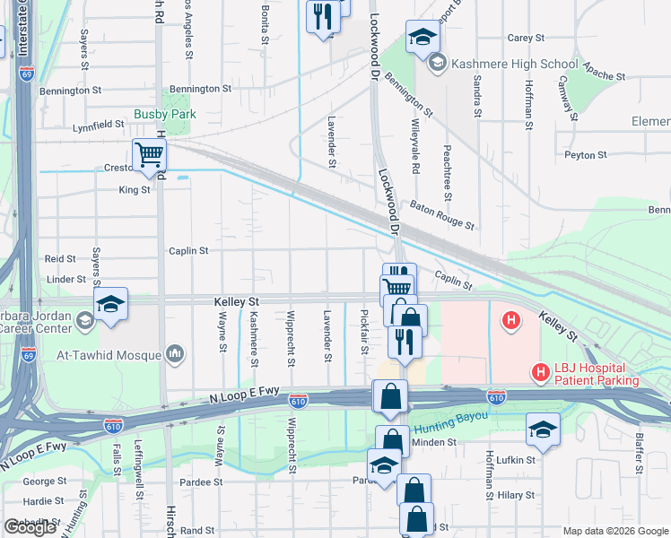 map of restaurants, bars, coffee shops, grocery stores, and more near 5908 Lavender Street in Houston