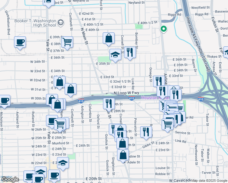 map of restaurants, bars, coffee shops, grocery stores, and more near 734 North Loop in Houston