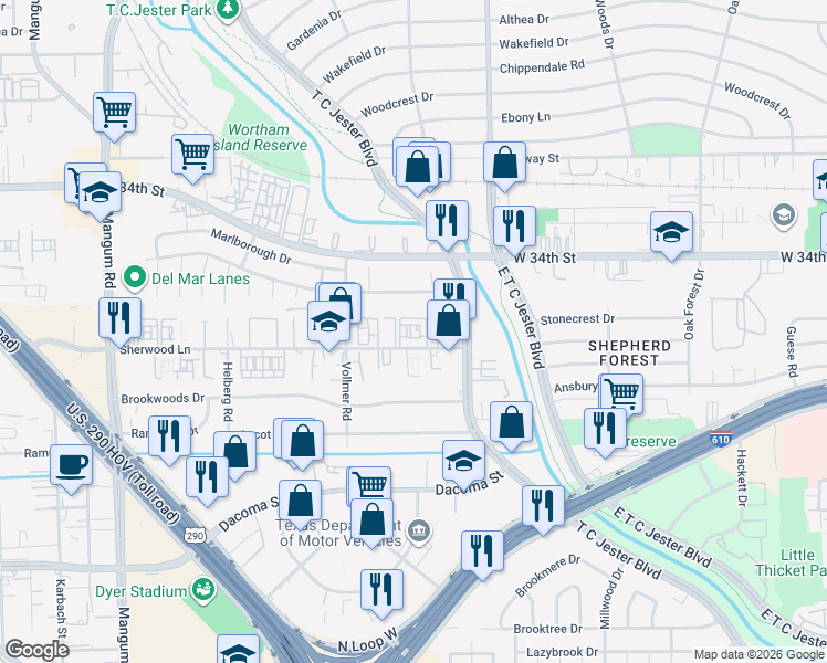 map of restaurants, bars, coffee shops, grocery stores, and more near 3815 Sherwood Lane in Houston
