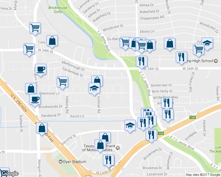 map of restaurants, bars, coffee shops, grocery stores, and more near 3815 Sherwood Lane in Houston